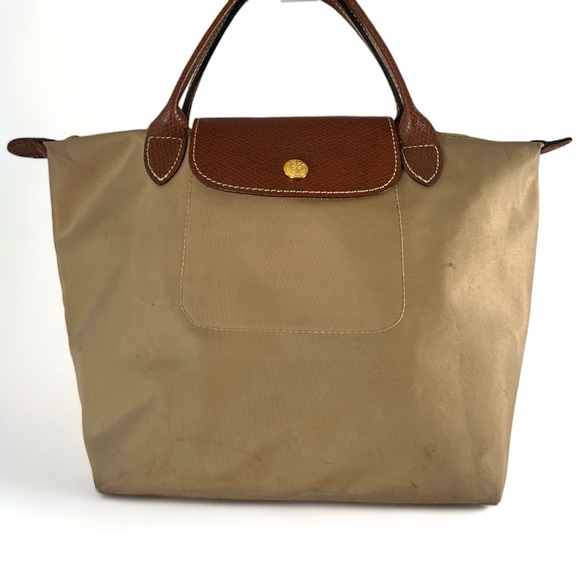 Longchamp Handbags - LONGCHAMP Le PLIAGE Original Tan Nylon & Leather Tote Gold Accent